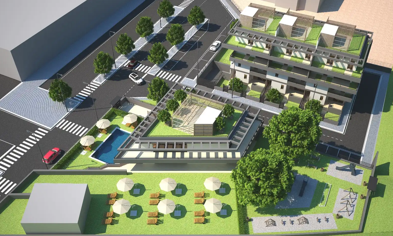 Vista complessiva del residence con spazi esterni e piscina