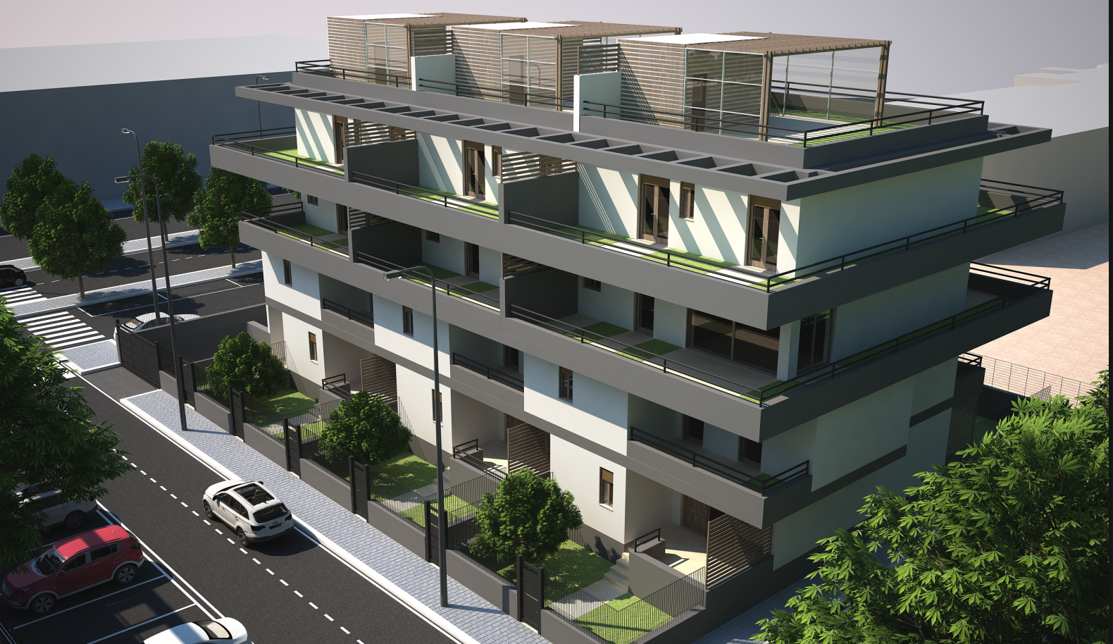 Prospetto urbano con terrazze e volumi del complesso